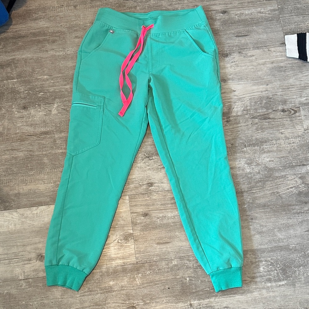 Figs Teal Joggers with Pink Drawstring
